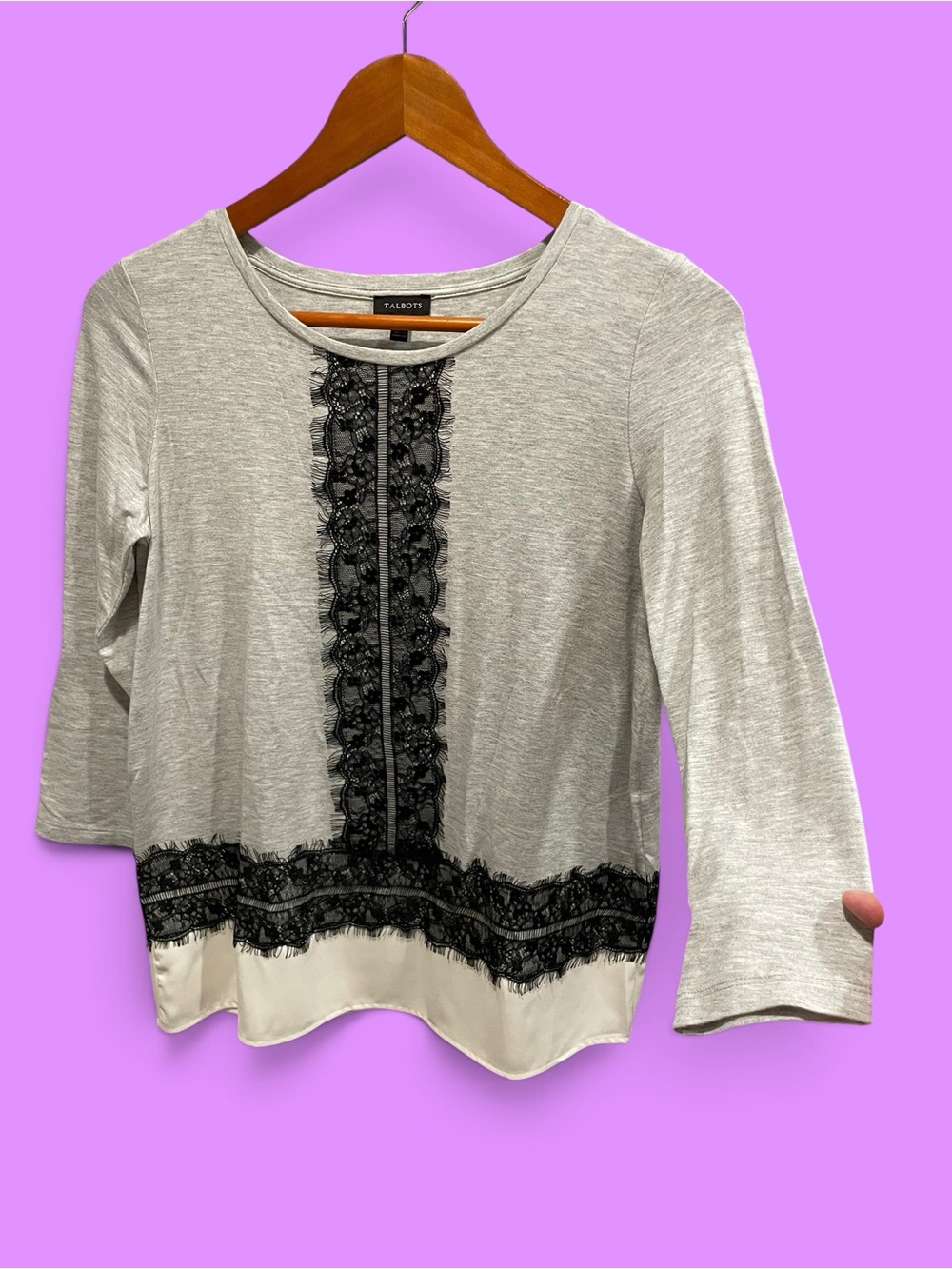 Cute cozy gray flowy lace accent ruffle hem top Talbots classic